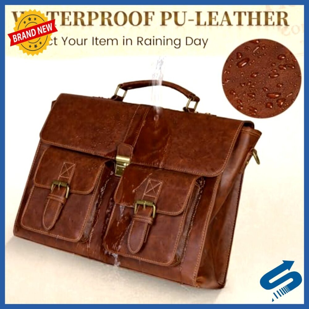 Vintage Leather Messenger Bag Laptop Briefcase Waterproof Office Travel Satchel - Picture 5 of 6